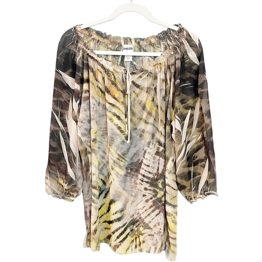 Chico's Size 2 Large Animal Print Sheer Peasant Blouse 3/4 Sleeve Brown Tan USA